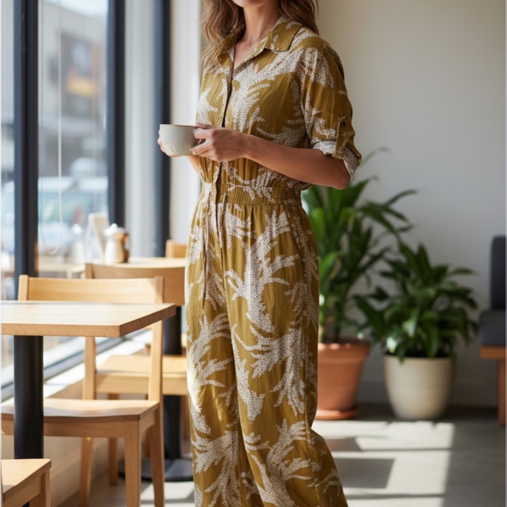 S/W/F Button-Front Olive Printed Jumpsuit with Roll-Tab Sleeves